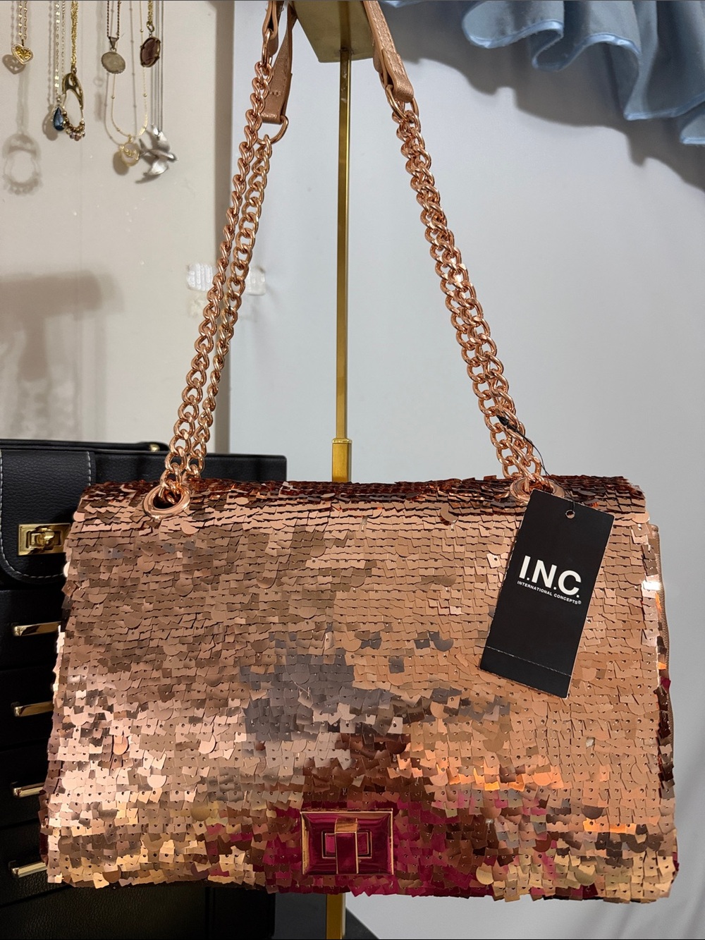 INC International Concepts Rose Gold Sequin Shoulder Bag with Chain Straps